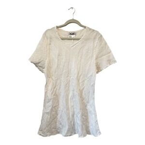 FLAX 100% Linen White Shirt Mini Dress Scoop Neck Short Sleeve Tunic 1 Lagenlook